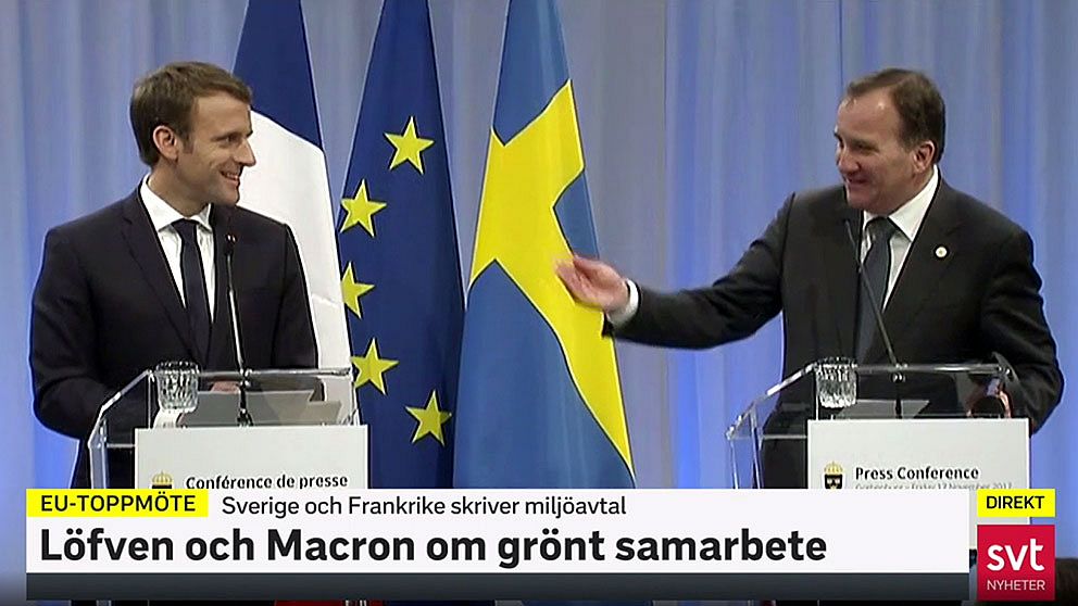 Se hur Emmanuel Macron överraskar Stefan Löfven med att prata svenska