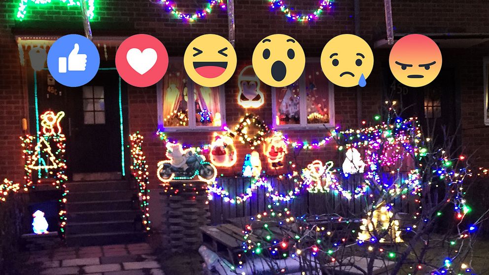 julpyntat hus och emoji-symboler ovanpå bilden