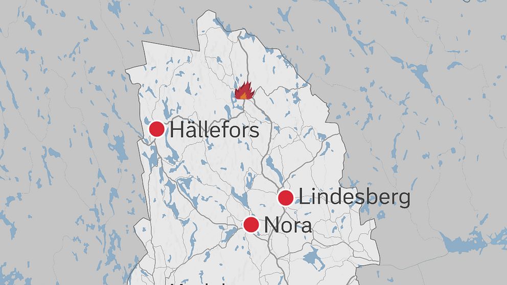 En karta över norra Örebro län med en brandmarkering vid Kopparberg
