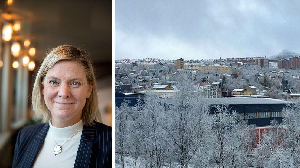 porträttbild på en kvinna, och vintrig stadsvy över Kiruna