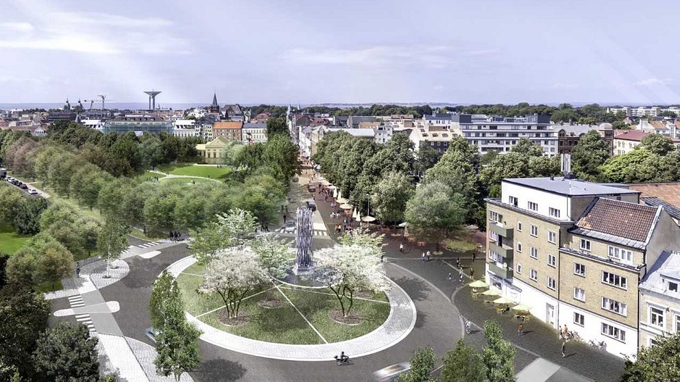 Landskrona stads nya entré Österport med fontänen 33 lågor, som ska symbolisera Skånes kommuner som brinner för kulturen.