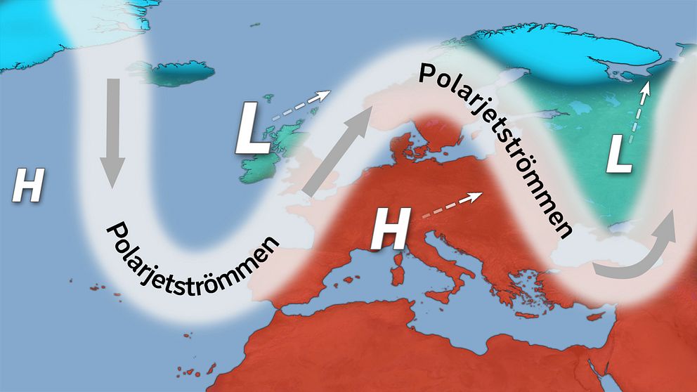 Schematisk bild av polarjetströmmens ungefärliga läge från onsdag och fram till helgen.