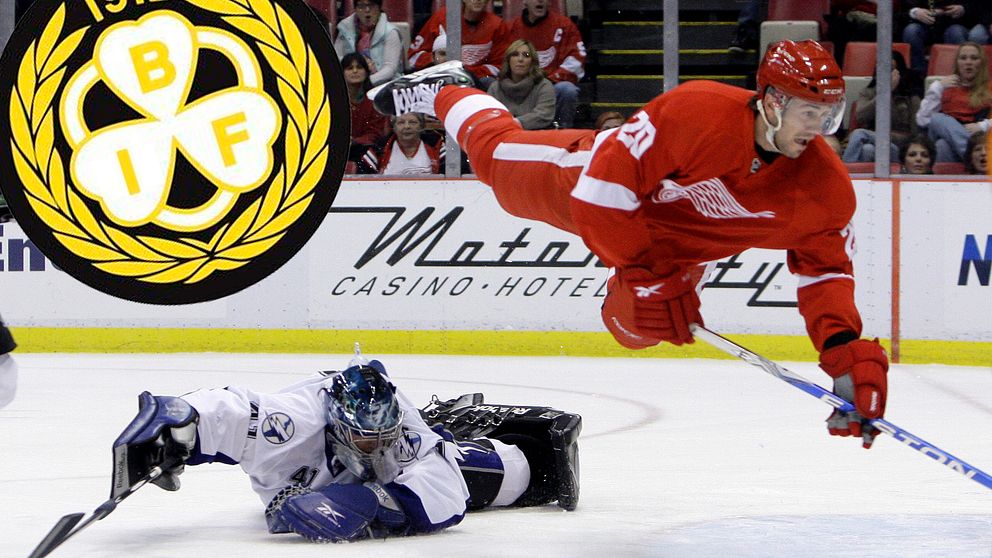 Detroit Red Wings Drew Miller, right, flies through the air while scoring a goal on Tampa Bay Lightning goalie Mike Smith, below, in the first period of an NHL hockey game in Detroit, Thursday, Dec. 17, 2009. (AP Photo/Paul Sancya)