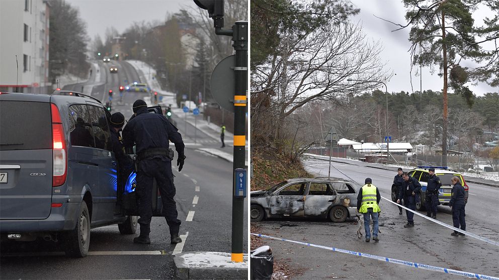 Polisens avspärrning efter skottlossningen i Mariehäll. Och polisens hundförare som undersöker en av bilarna som var inblandad i skottlossningen.