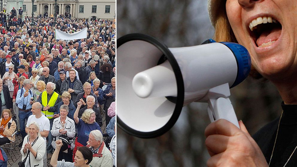 folkmassa och kvinna som ropar i megafon