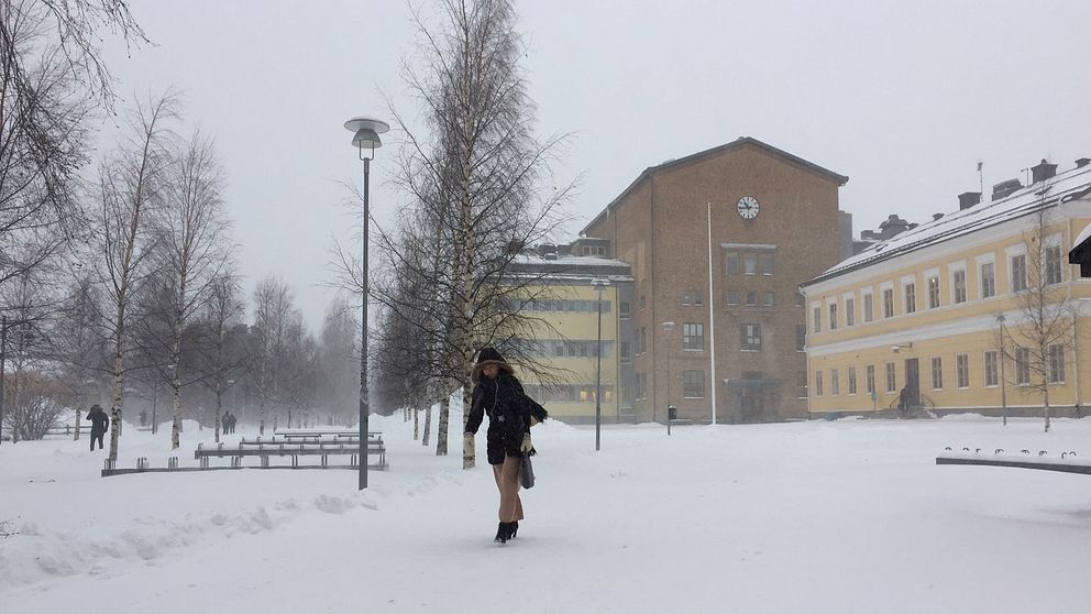 Kvinna går framåtlutad i snöstorm, skola i bakgrunden