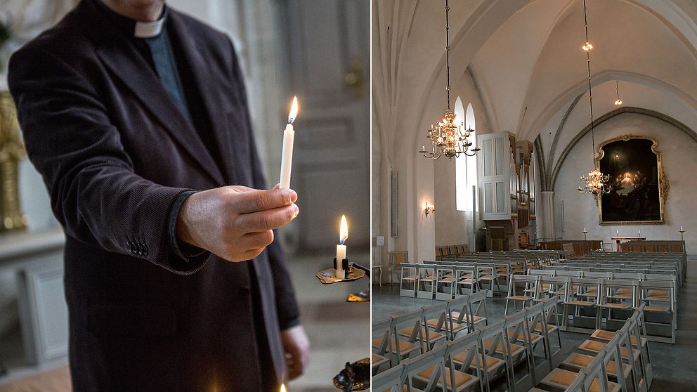 Tvådelad bild: En präst håller i ett ljus, tomma kyrkobänkar