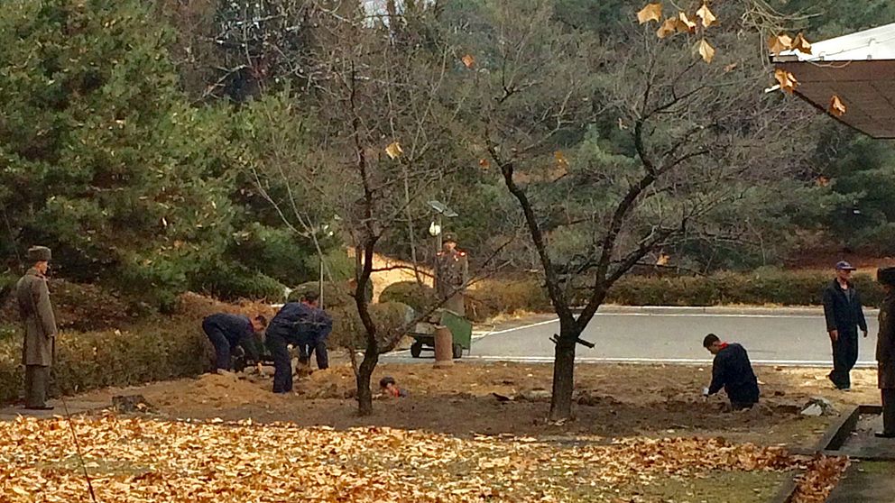 Nordkoreanska soldater gräver ett dike vid flyktplatsen.