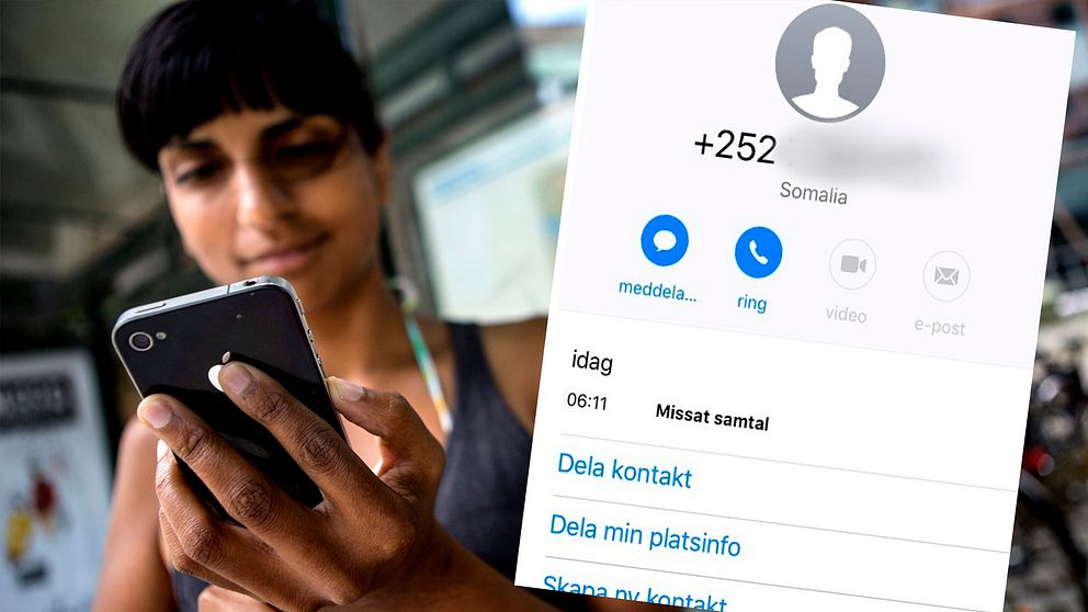 En kvinna med mobil och en uppringningskärm på telefon