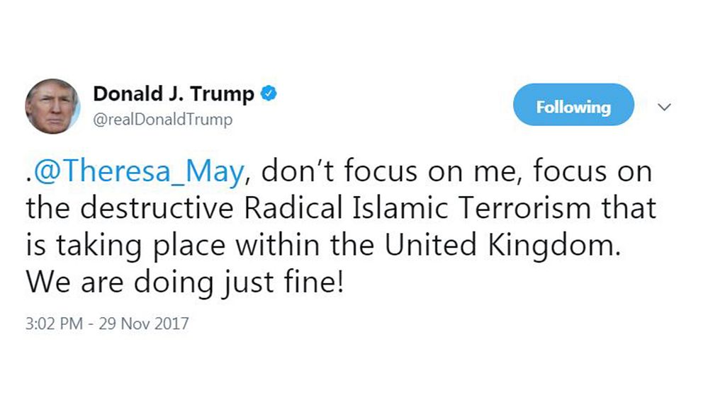 Trump tweet till Storbritanniens premiärminister Theresa May.