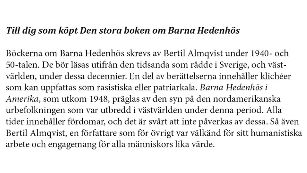 Bokförlaget Bonnier Carlsens följebrev till Hedenhös-samlingen. Del 1.