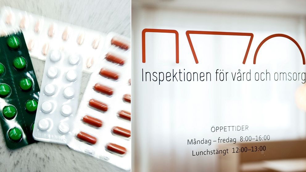 Bild till vänster på olika läkemedelsförpackningar. Bild till höger på en dörr med Inspektionen för vård och omsorgs logga.
