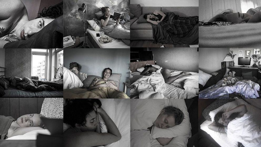Kollage av många små vardagsbilder. Olika kvinnor syns ligga i sängar, antingen själva eller med andra kvinnor. Några blundar.