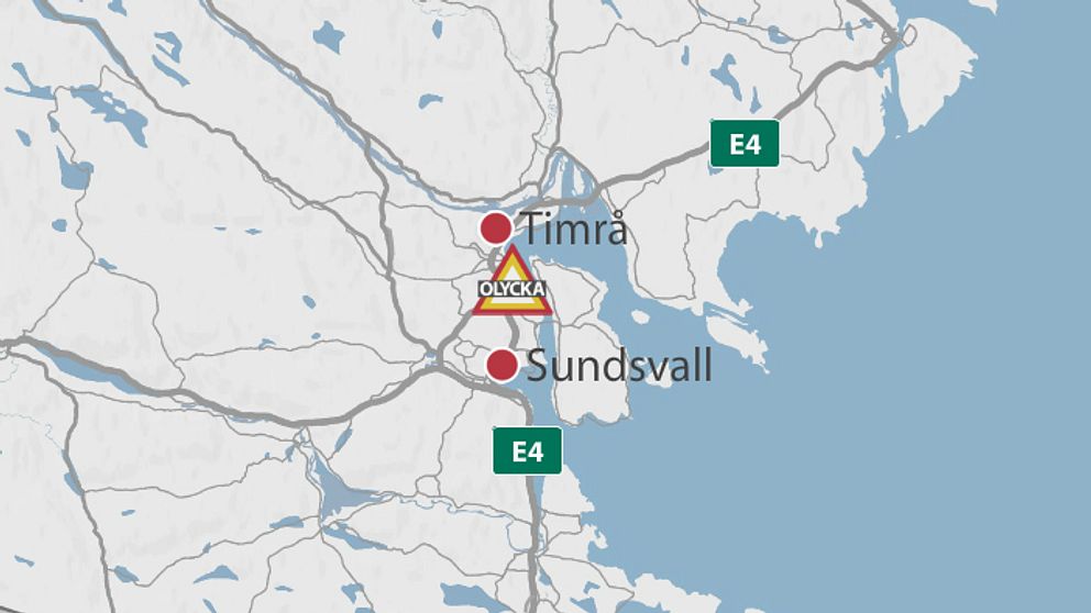 En karta över delar av Västernorrland, där olycksplatsen är markerad med en symbol för en olycka.
