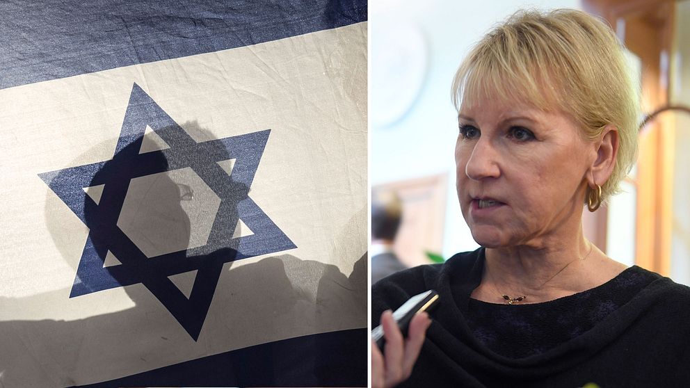Halva bilden är på Israels flagga och halva bilden är på Margot Wallström
