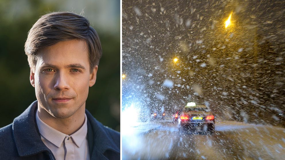 Porträtt på Nils Holmqvist. Ymnigt snöfall.
