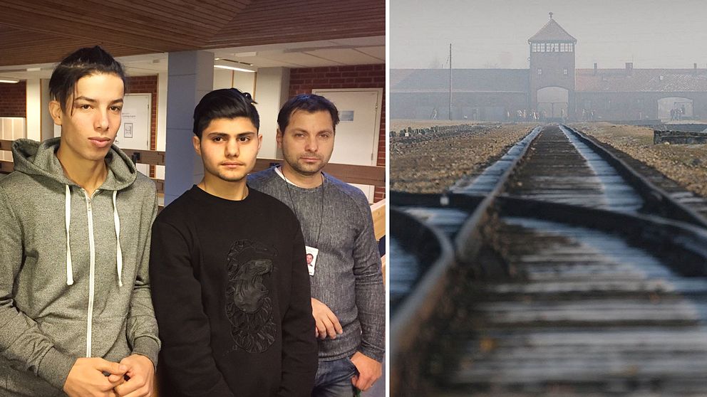 Tre personer uppställda på gruppbild samt en bild från Auschwitz.