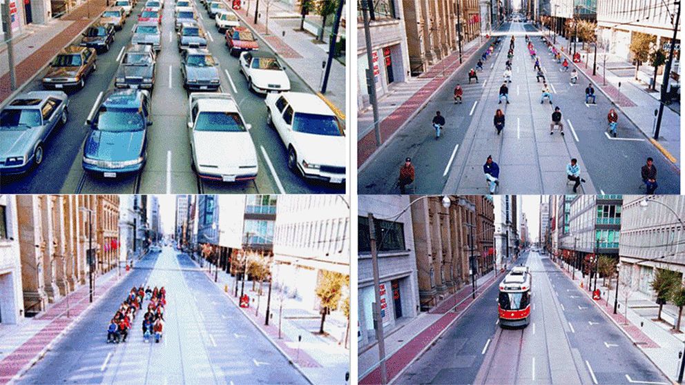 Fyra bilder visar hur många biltrafikanter en spårvagn sväljer