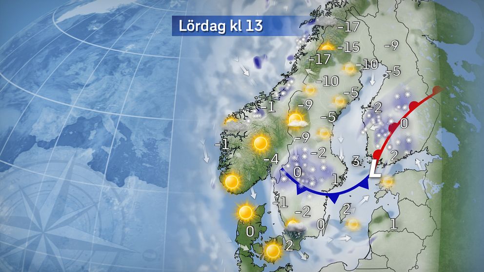 Norrland får varierande molnighet under lördagen. I fjällen är molnprognosen lite osäker, men i klara områden kan temperaturen sjunka lite extra. I söder blir det mer moln och tidvis snö här och var. I Östersjölandskapen kan det fortsatt vara inslag av regn och temperaturer som ligger runt noll eller ett par plusgrader.