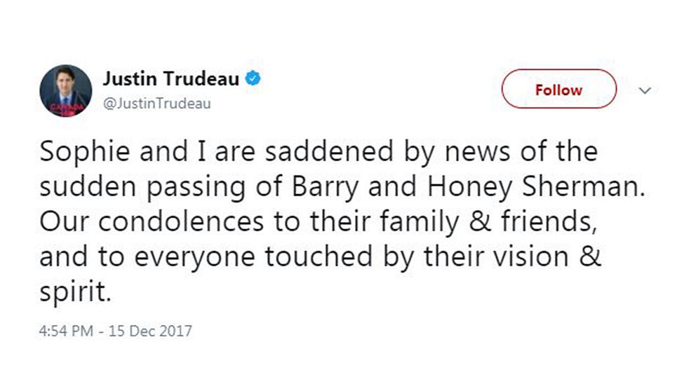 Kanadas Premiärminister Justin Trudeau uttryckte sina kondoleanser till Shermans familj på twitter.