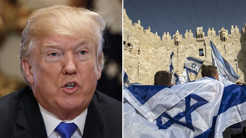 Till vänster Donald Trump. Till höger människor med israeliska flaggor.