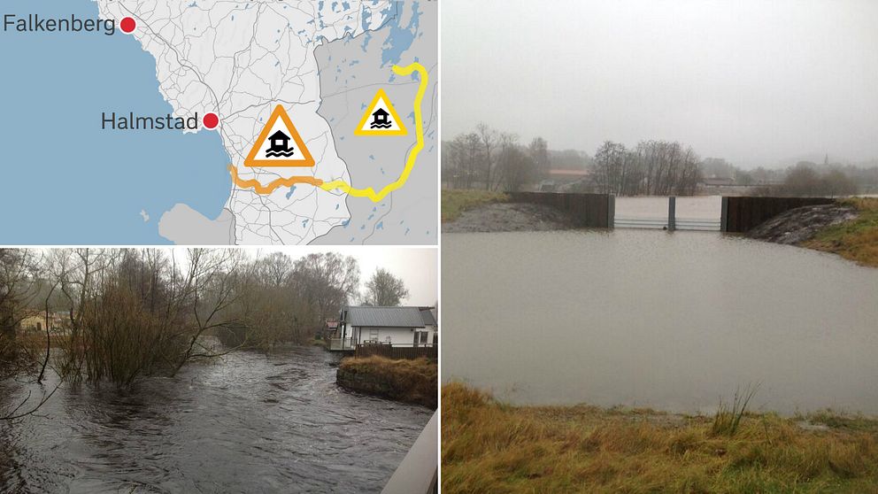 Tre bilder som visar att det är högt vatten och en karta där ån lagan är markerad.