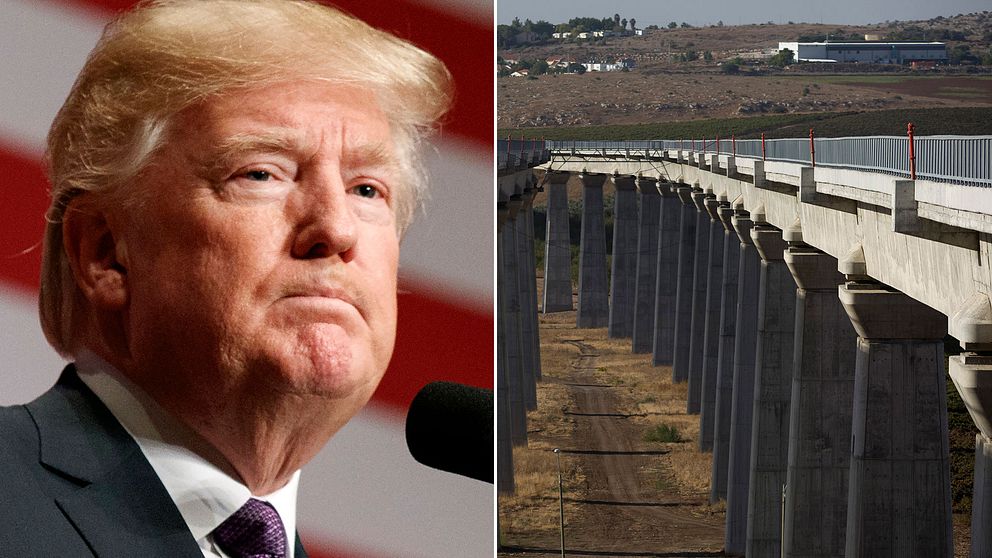 USA:s president Donald Trump och en bit av snabbtågslinjen mellan Tel Aviv och Jerusalem.