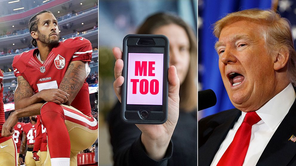 Den amerikanske fotbollsspelaren Colin Kaepernick, en metoo-logga och Donald Trump.