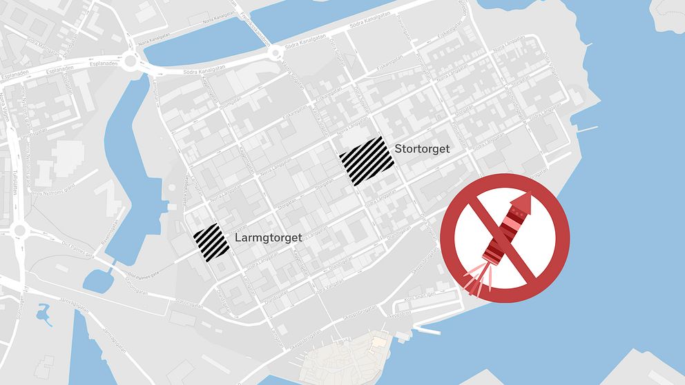 I Kalmar råder totalförbud mot fyrverkerier på de två centrala torgen Larmtorget och Stortorget, samt inom en radie av 200 meter från länssjukhuset (syns ej på kartan).