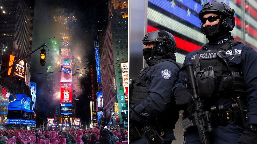 Tungt beväpnad personal från New York-polisens antiterrorstyrka bevakar Times Square i New York.