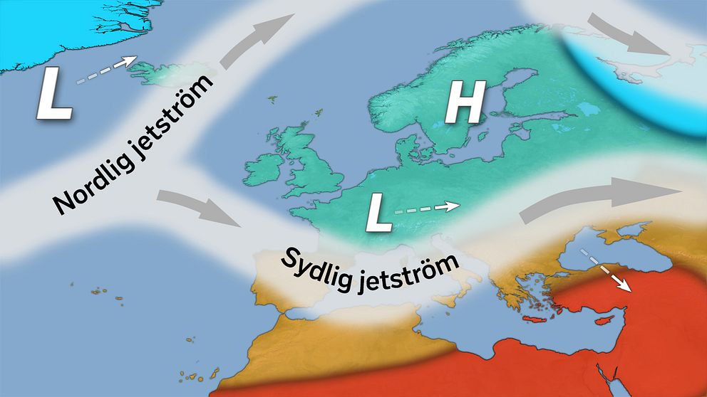 Schematisk bild av jetströmmens medelläge från helgen och i början av nästa vecka. Uppdelning i nordlig och sydlig del har en direkt relation till högtrycksutvecklingen över Skandinavien.