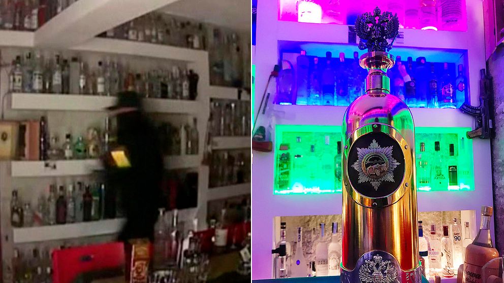 Till vänster tjuven, till höger världens fjärde dyraste vodkaflaska som stals.