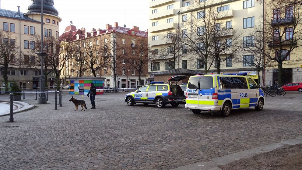 Polisen söker med hund på Järntorget efter ett misstänkt mord.