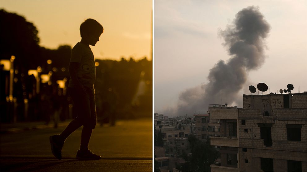 Till vänster: Arkivbild på barn (som inte har något med artikeln att göra). Till höger: En bild från Ghouta i Syrien.
