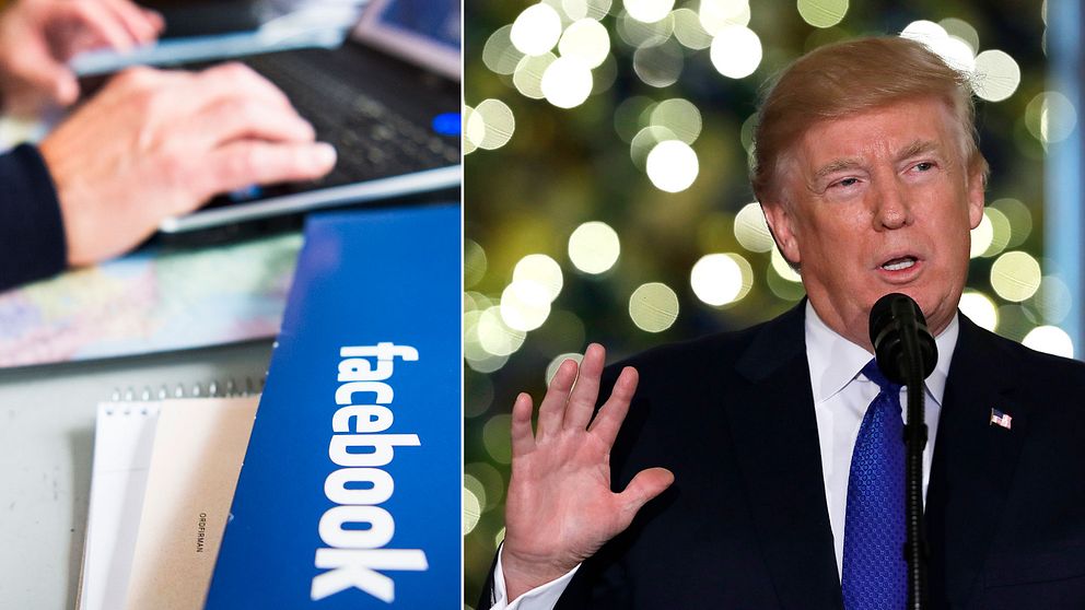Händer på dator intill Facebook-logotyp samt Donald Trump
