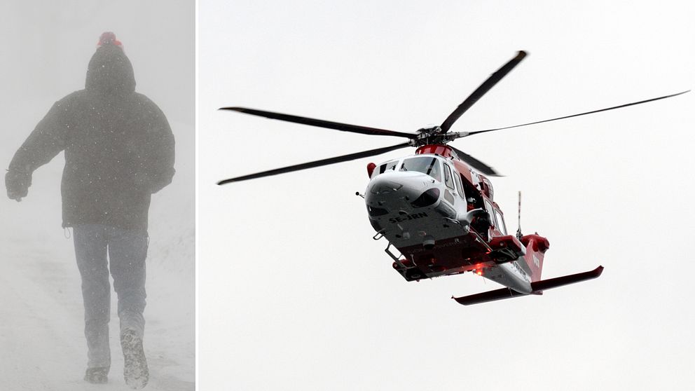 Person ute i snöstorm och sjöräddninghelikopter ute och åker.