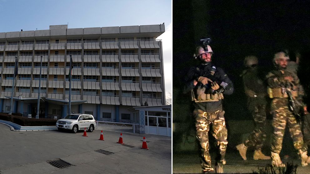 Afghanska säkerhetsstyrkor på plats vid Hotel Intercontinental i Kabul.