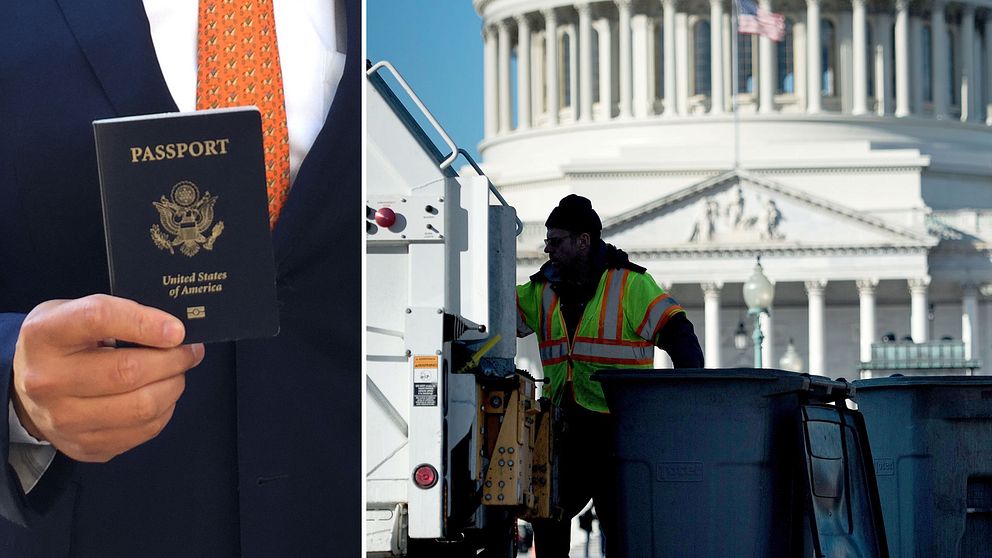 Ett amerikansk pass och en man som hämtar sopor i USA:s huvudstad Washington DC.