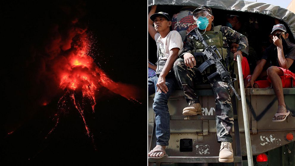 Lava spyr ut ur vulkanen Mayons krater. Människor evakueras.
