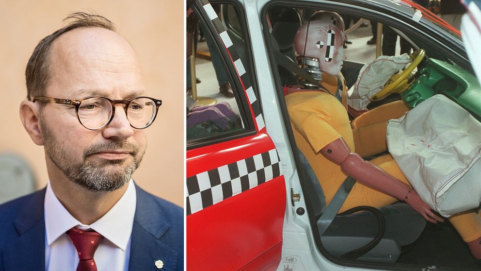 porträtt en man, samt dockor i bil i krocktest