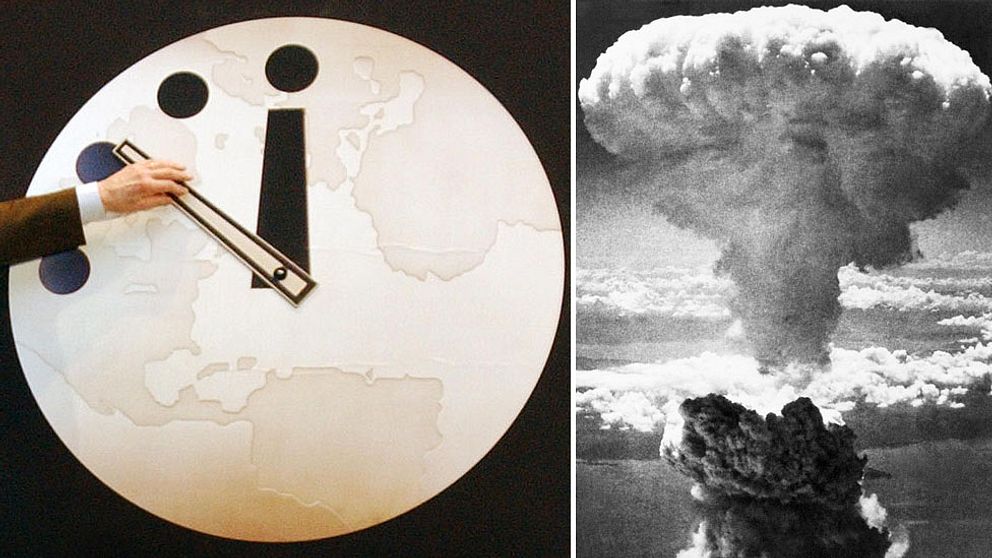 En hand flyttar på Domedagsklockan ihopsatt med en bild från en atombombs rökmoln.