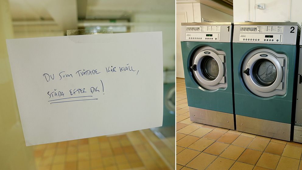 En arg lapp i tvättstugan som lyder: ”Du som tvättade i går kväll, städa efter dig!”.