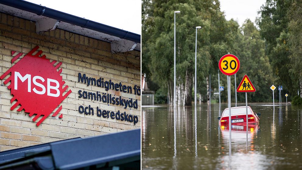 Myndigheten för samhällsskydd och beredskaps byggnad samt ett översvämmat område i Hallsberg 2015.
