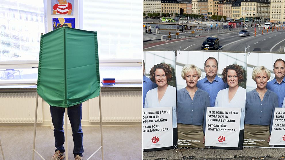 Till vänster en person röstar i en vallokal. Till höger socialdemokratiska affischer från förra valet.