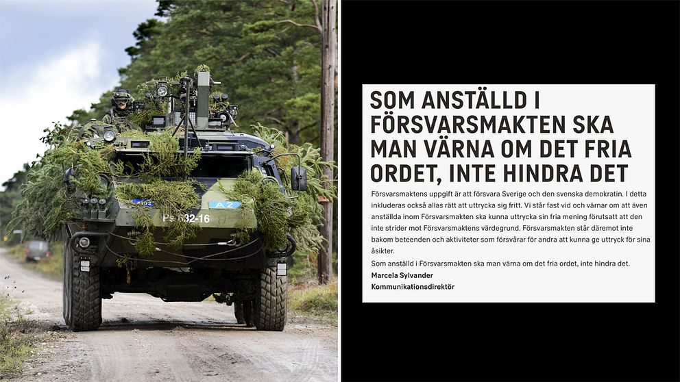 Till vänster ett militärfordon (arkivbild). Till höger en skrämdump från Försvarsmaktens hemsida.