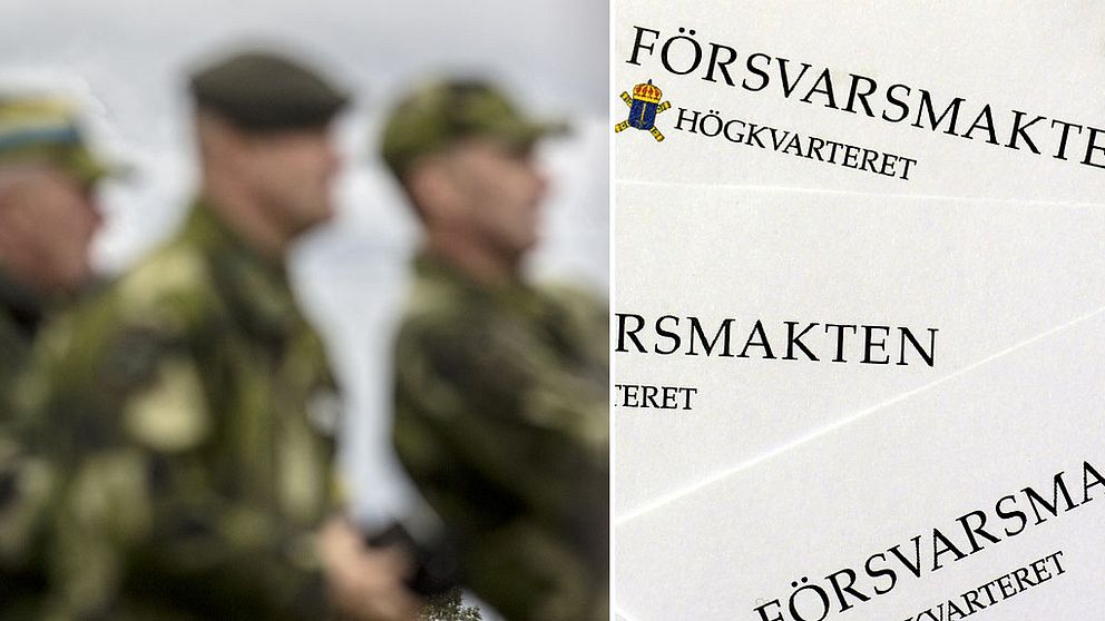 Soldater i kamouflagekläder ihopsatt med pappersblanketter där det står Försvarsmakten.