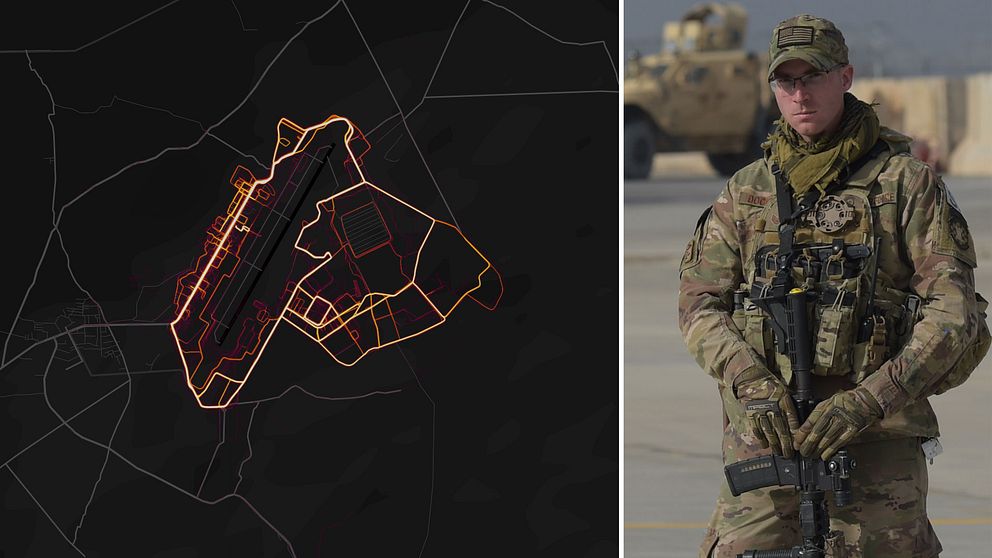Karta som visar rörelsemönster i och kring USA:s största militära anläggning i Afghanistan, Agram airfield.