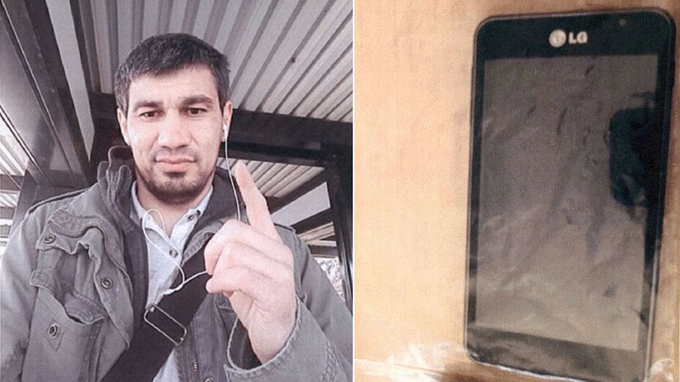 En delad bild på den terrormisstänkte Rakhmat Akilov och en telefon.