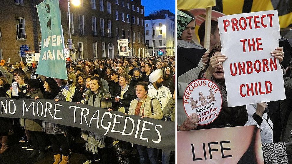 Personer som protesterar för och emot laglig abort i Irland.