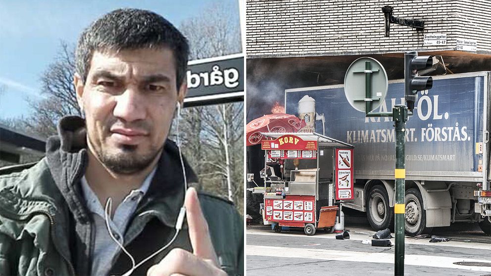Till vänster en bild föreställande misstänkte terroristen Rakhmat Akilov ståendes framför Vårby Gårds tunnelbaneskylt. Till höger lastbilen när den kört in i Åhlens på Drottninggatan.